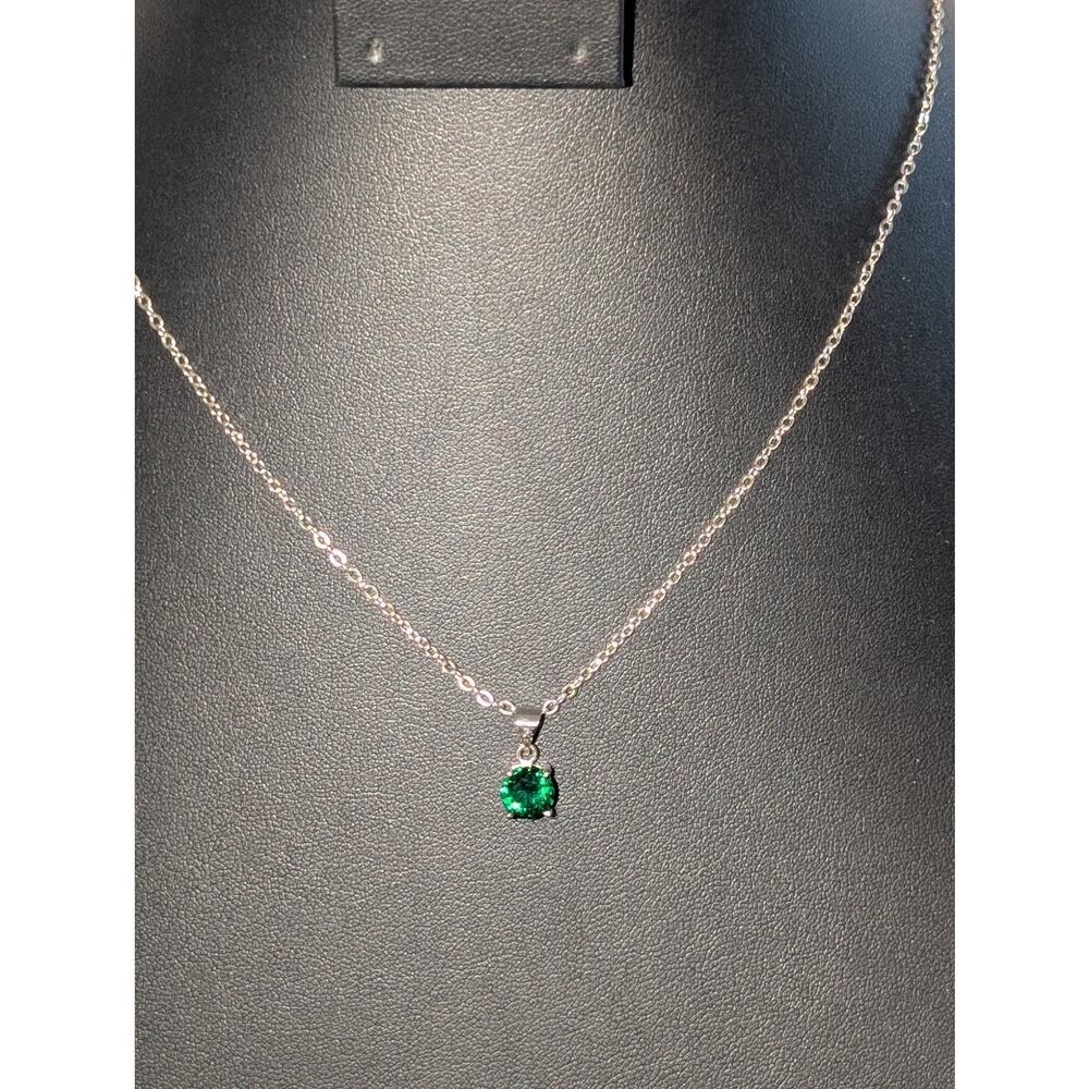 925 Sterling Silver Green Crystal Solitaire Pendant 16" Chain Necklace